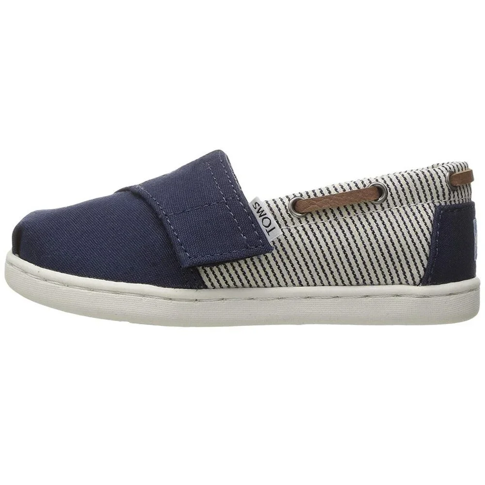 NEW TOMS Kids Bimini Navy Canvas Striped Slip On Loafer Boat Shoe